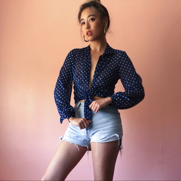 Tops - Vintage Navy White Polka Dot Blouse